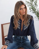 Dareia Blouse in Navy Print navy and white contrast stitch blouse side view