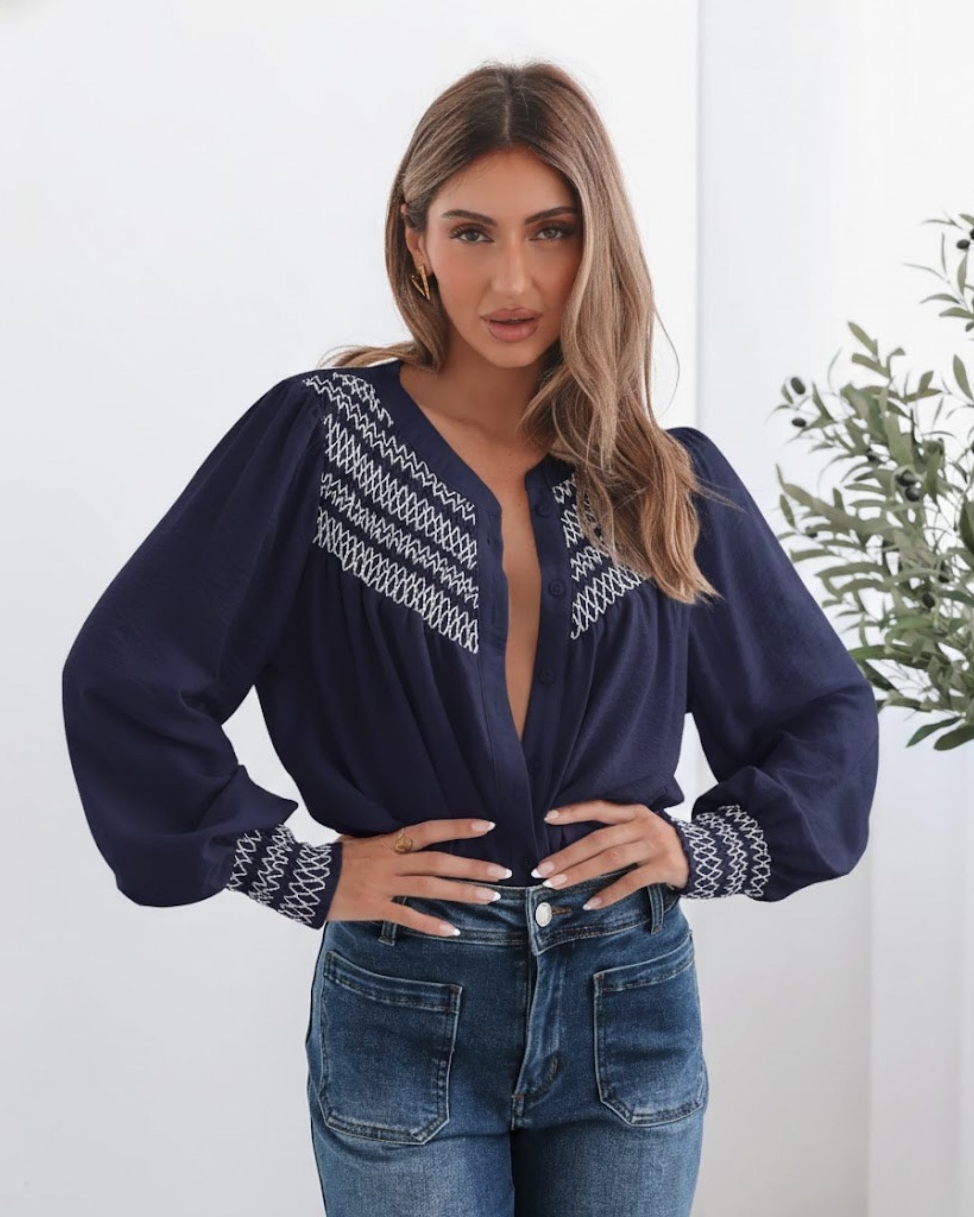 Dareia Blouse in Navy Print womens navy printed blouse with white contrast stitching front view