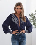 Dareia Blouse in Navy Print womens navy printed blouse with white contrast stitching front view