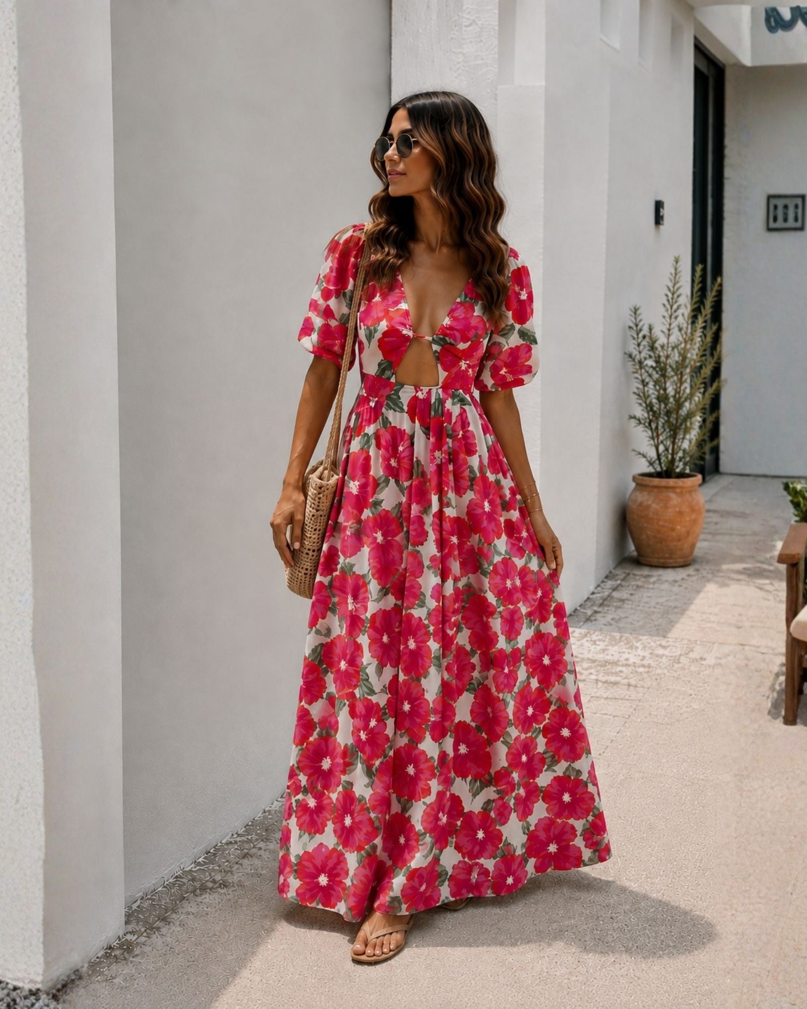 Women's pink floral dress side view by Esther & Co