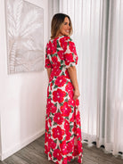 Women's pink floral A-line maxi dress with slit by Esther & Co