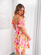 Women's white and pink blossom print off-shoulder mini dress by Esther & Co