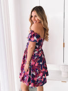 Women's purple multicoloured print mini dress with waist tie by Esther & Co