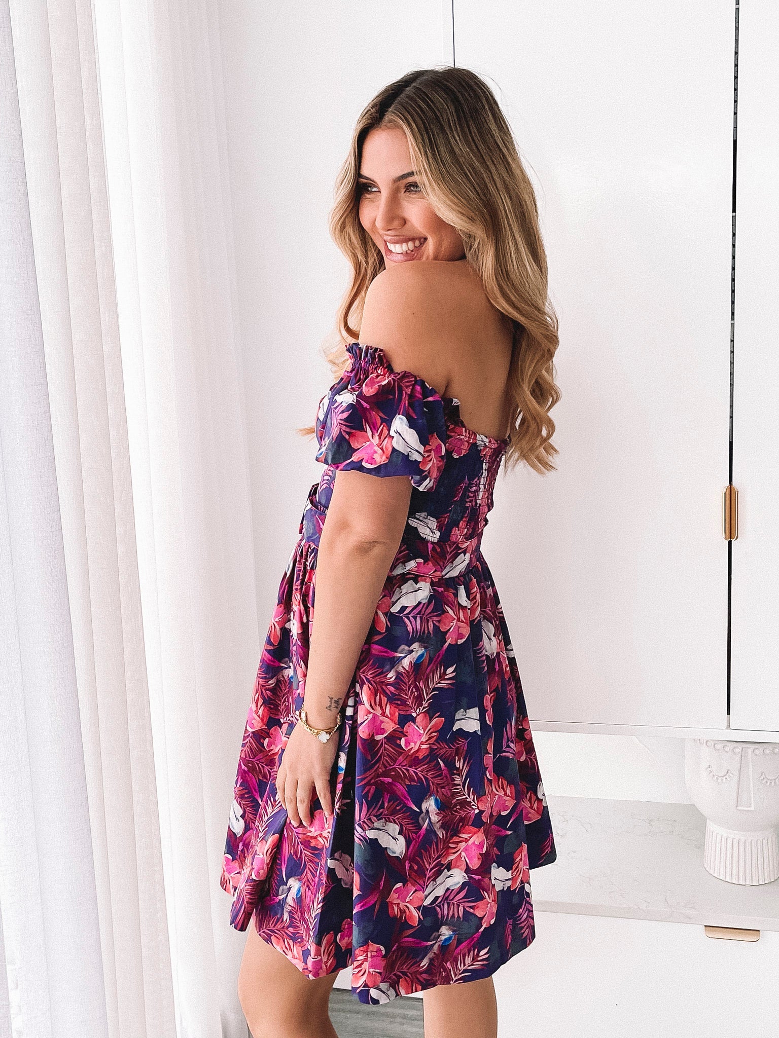 Women's purple multicoloured print mini dress with waist tie by Esther & Co