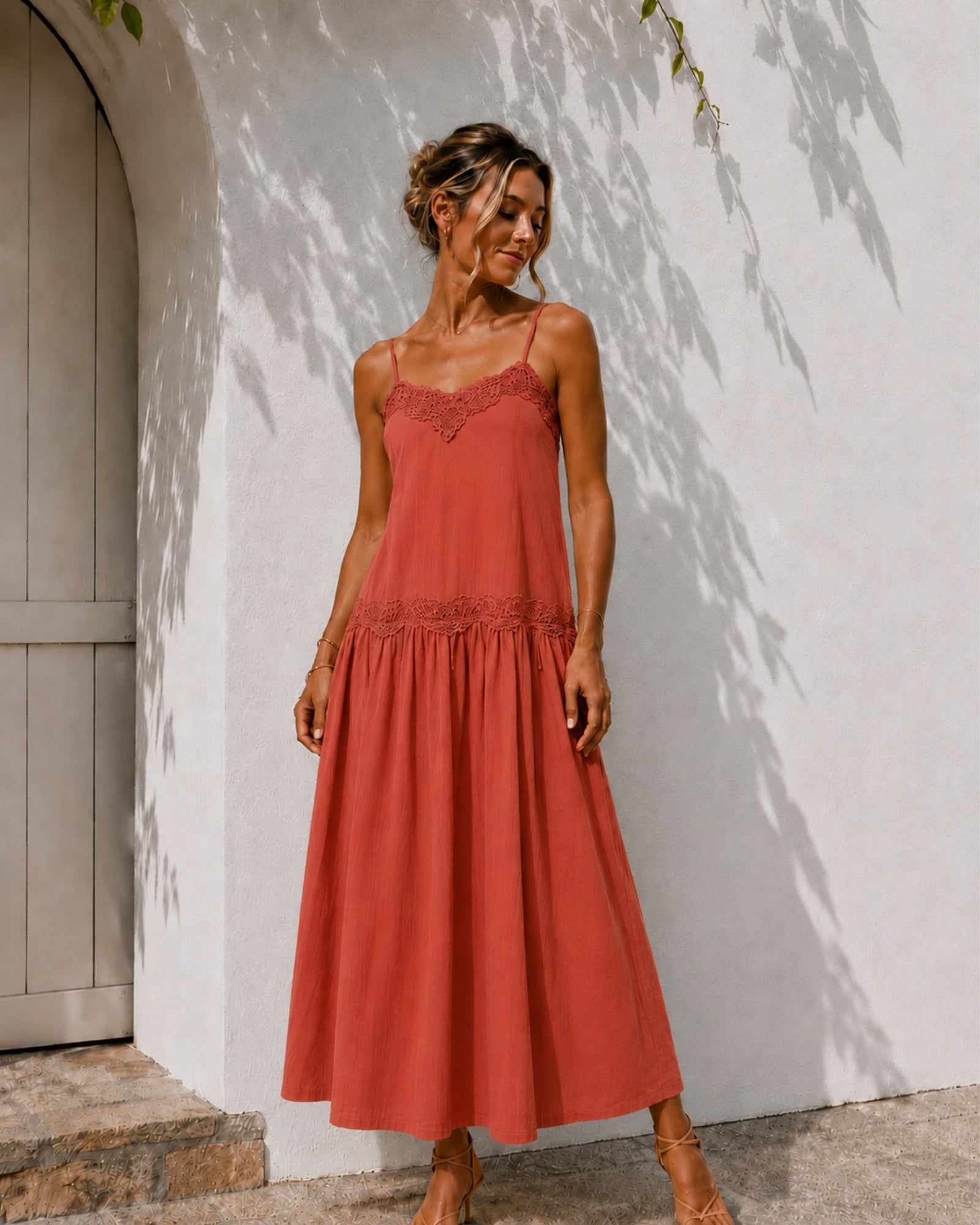 Women's rust v-neck lace detail midi dress, the Dindi Dress in Rustic Sienna by Esther & Co