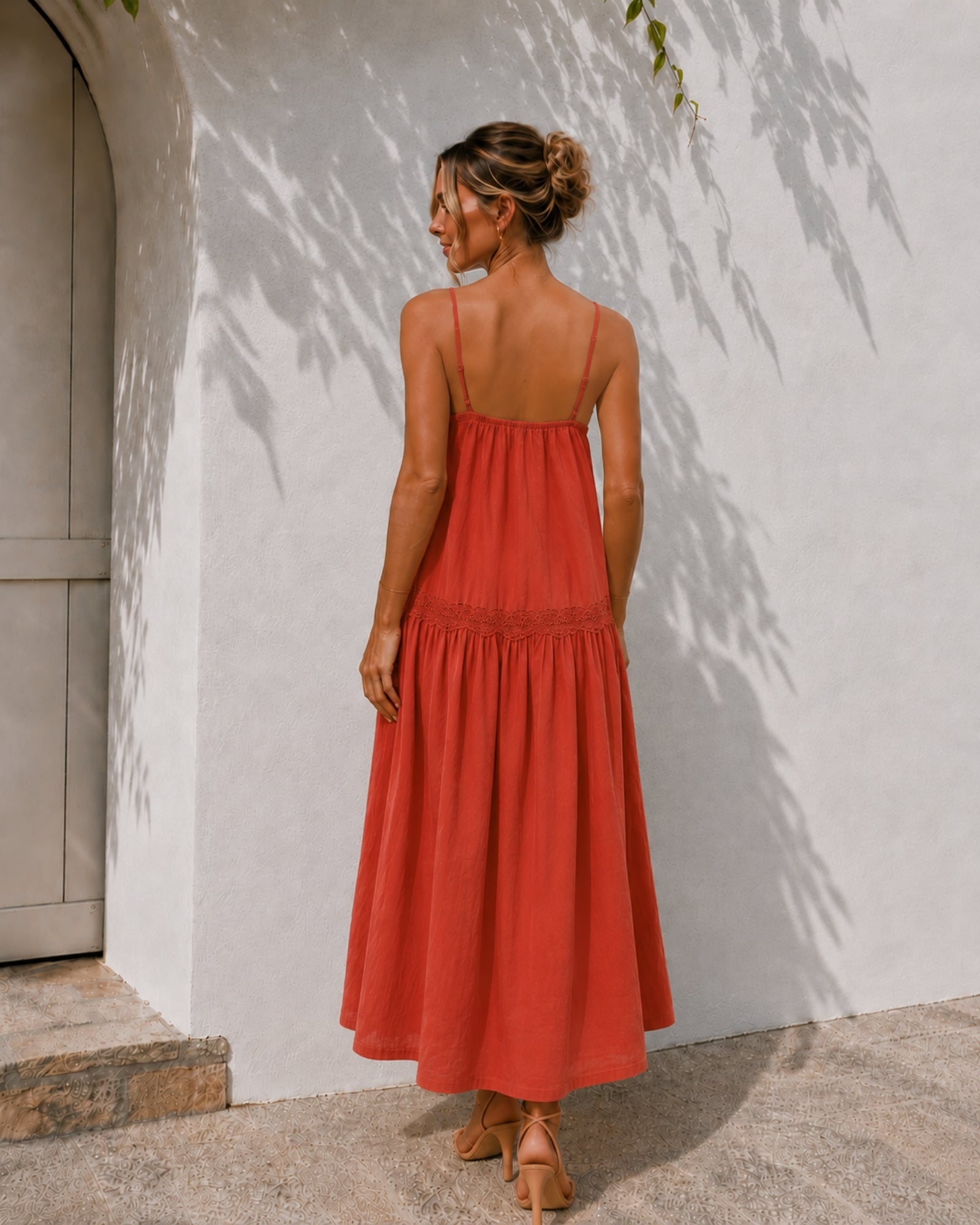 Women's warm rust v-neck midi dress with lace detail, the Dindi Dress in Rustic Sienna by Esther & Co