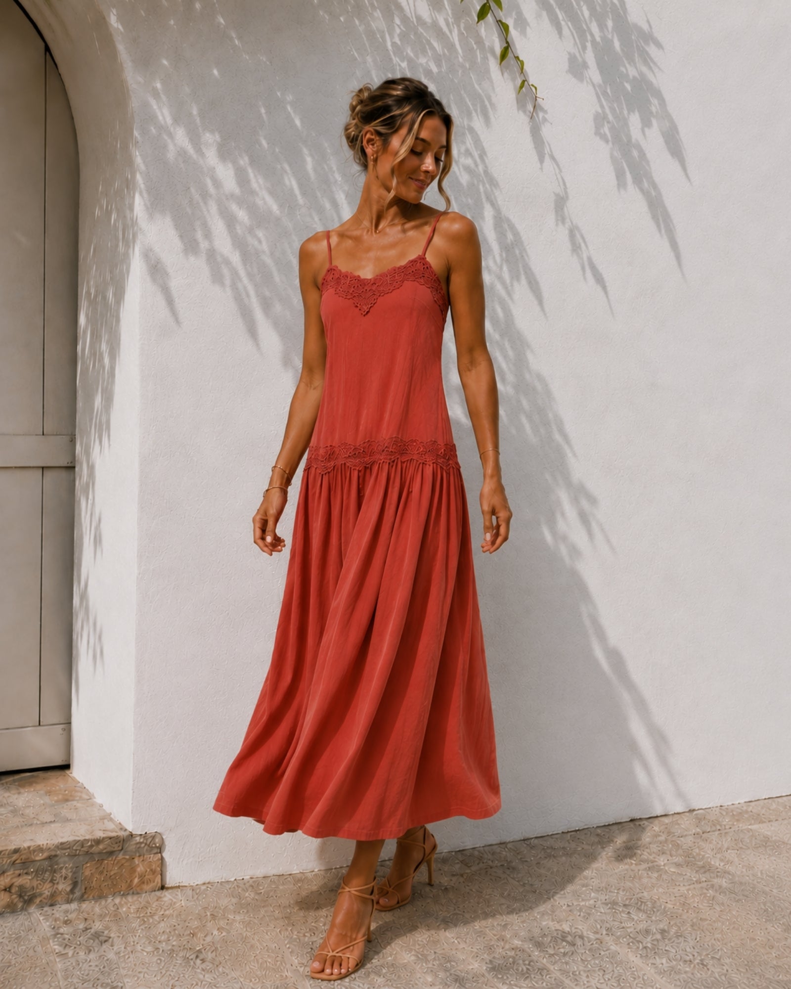 Women's rust lace detail midi dress, the Dindi Dress in Rustic Sienna by Esther & Co