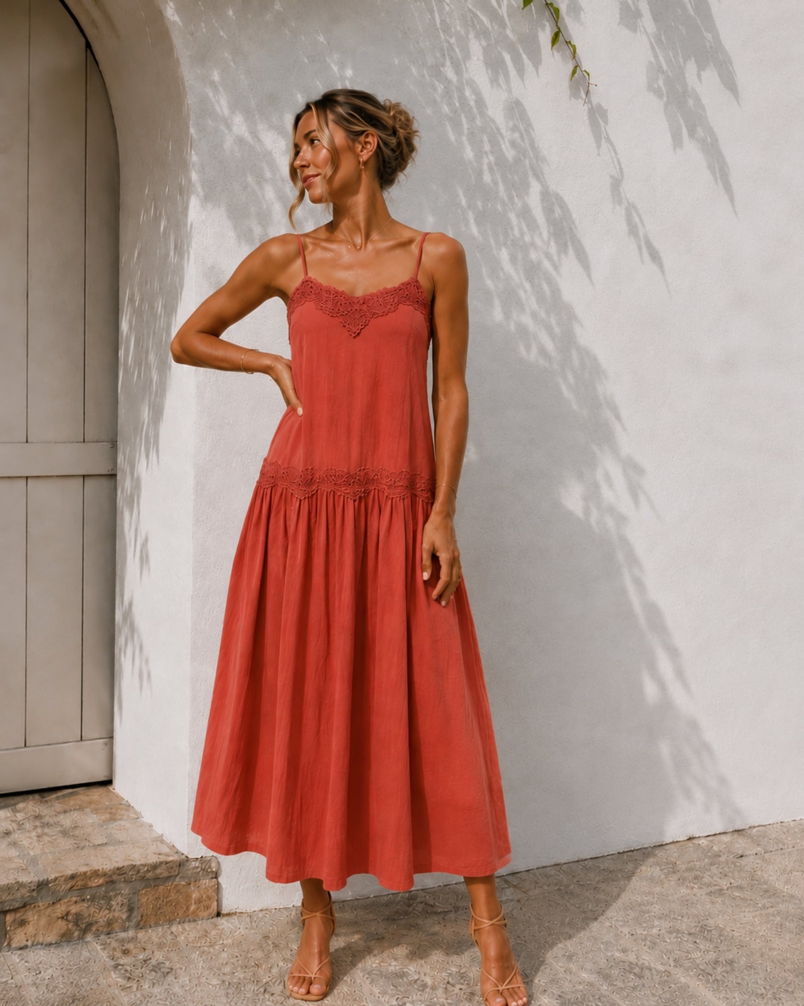Women's rust v-neck midi dress, the Dindi Dress in Rustic Sienna by Esther & Co