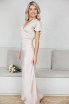 Doren champagne formal satin dress, styled look