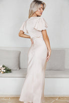 Doren champagne satin maxi dress, back view
