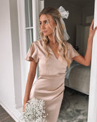 Doren champagne satin maxi dress, styled view