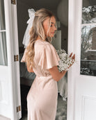 Doren champagne formal satin maxi dress, front view