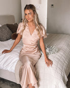 Doren champagne formal satin maxi dress, full length