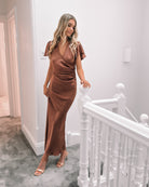Doren rust satin maxi dress, back view
