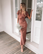 Doren rust formal satin maxi dress, front view