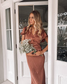 Doren rust formal satin maxi dress, full length