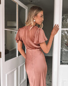 Doren rust satin maxi dress, styled view