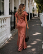 Women's rust formal satin maxi dress, the Doren Dress in Rust by Esther & Co