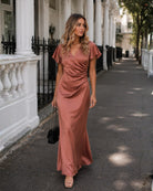 Women's rust formal satin maxi dress, the Doren Dress in Rust by Esther & Co