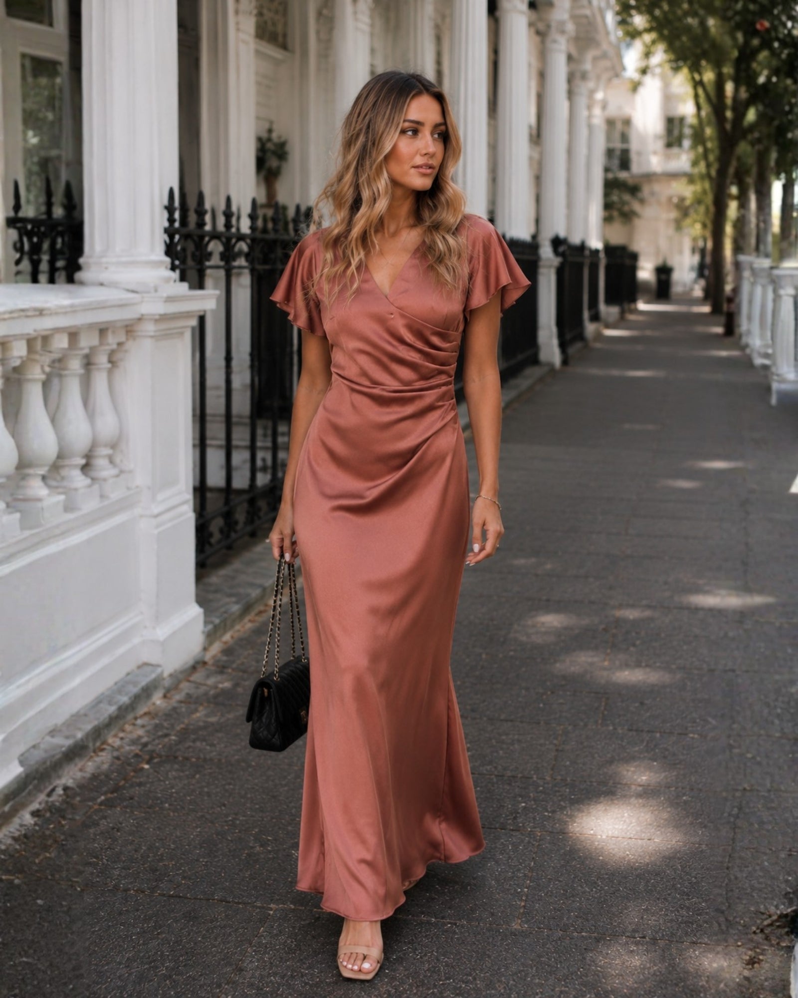 Women's rust formal satin maxi dress, the Doren Dress in Rust by Esther & Co