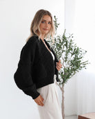 Dorine Cardigan in Black womens black chunky knit cardigan back view