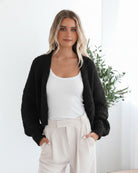 Dorine Cardigan in Black womens chunky knit open-front cardigan in black front view