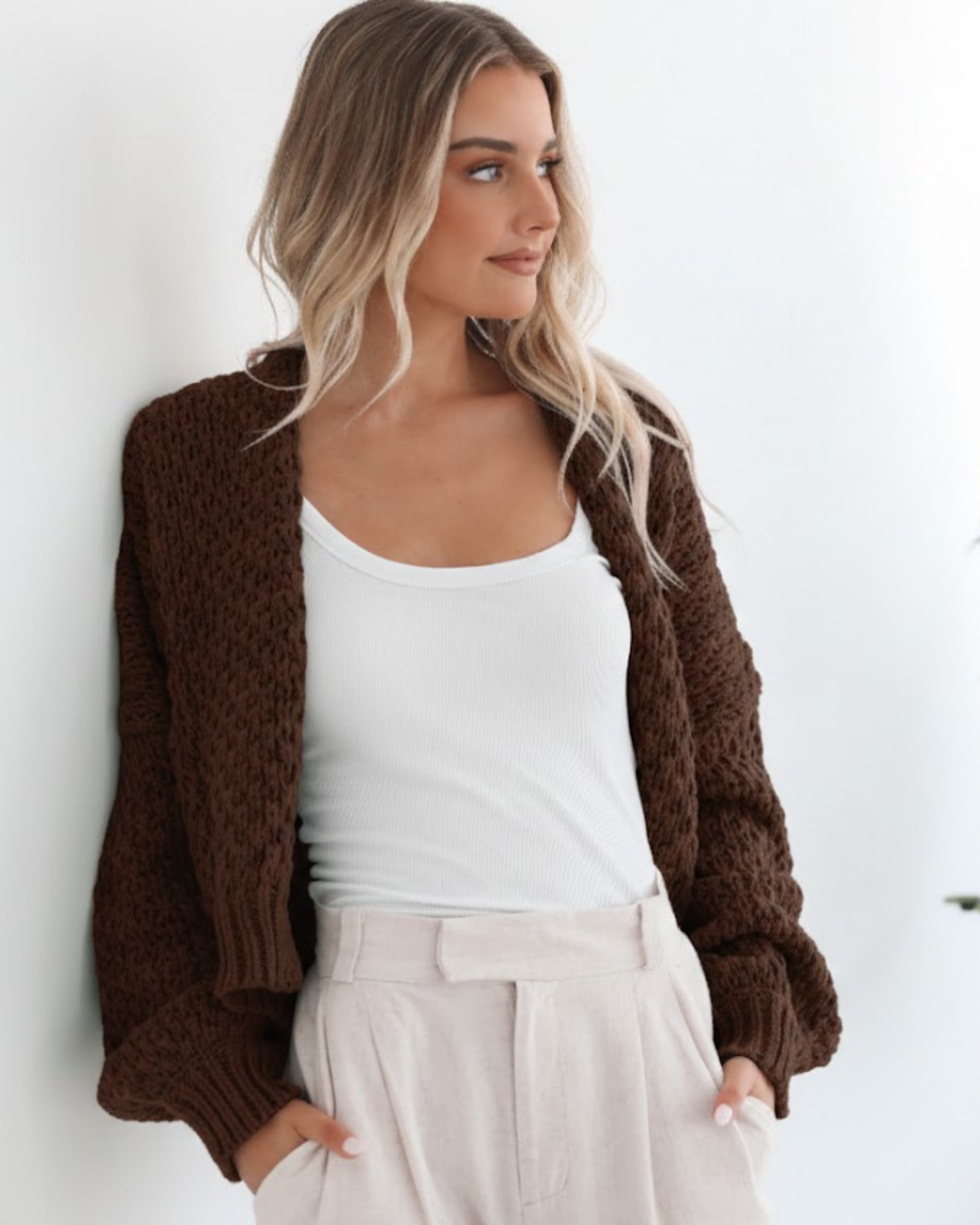 Dorine Cardigan in Coffee womens coffee brown open-front knit cardigan back view