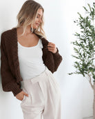 Dorine Cardigan in Coffee womens coffee brown chunky knit cardigan styled outfit