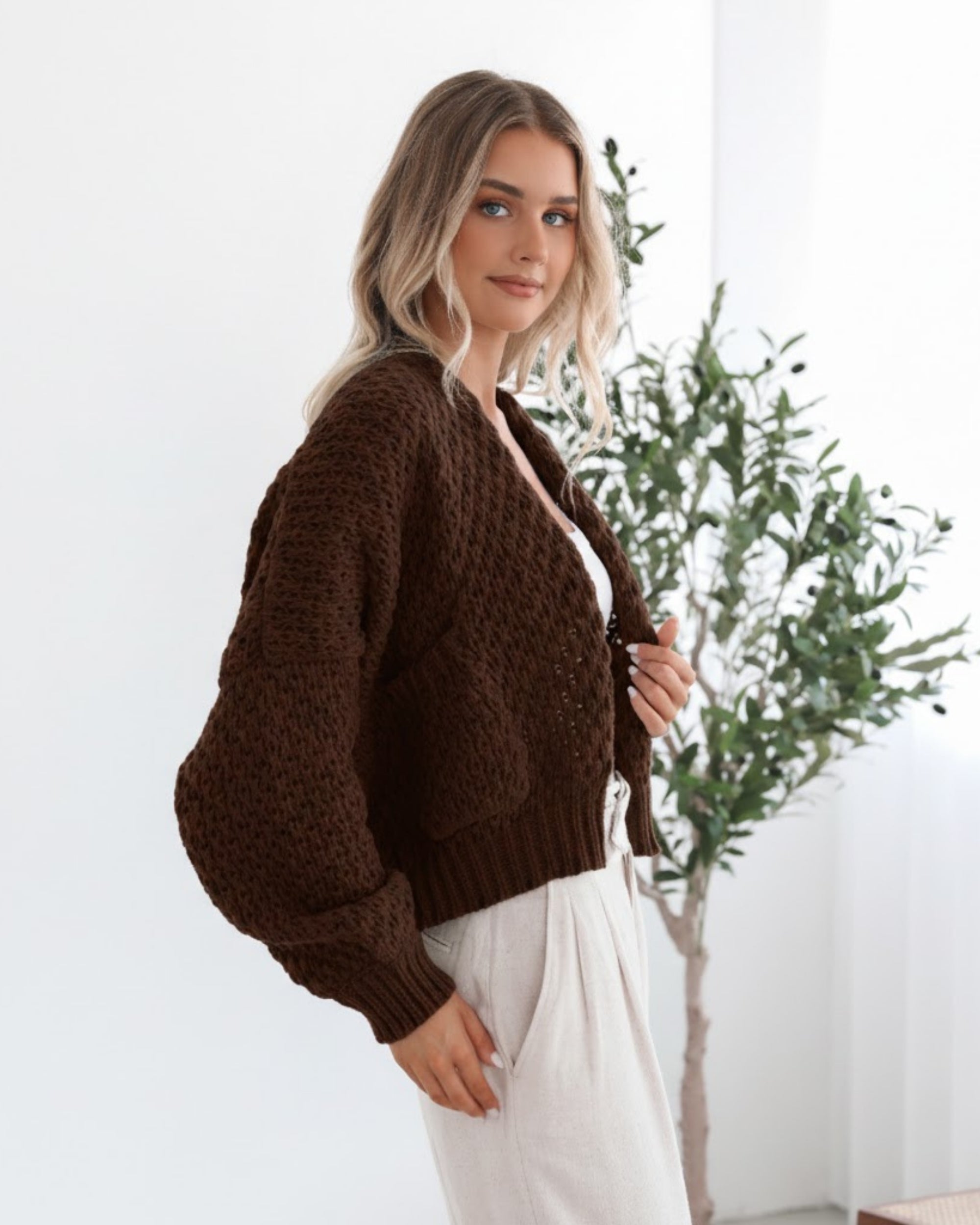 Dorine Cardigan in Coffee coffee brown relaxed knit cardigan with pockets full length