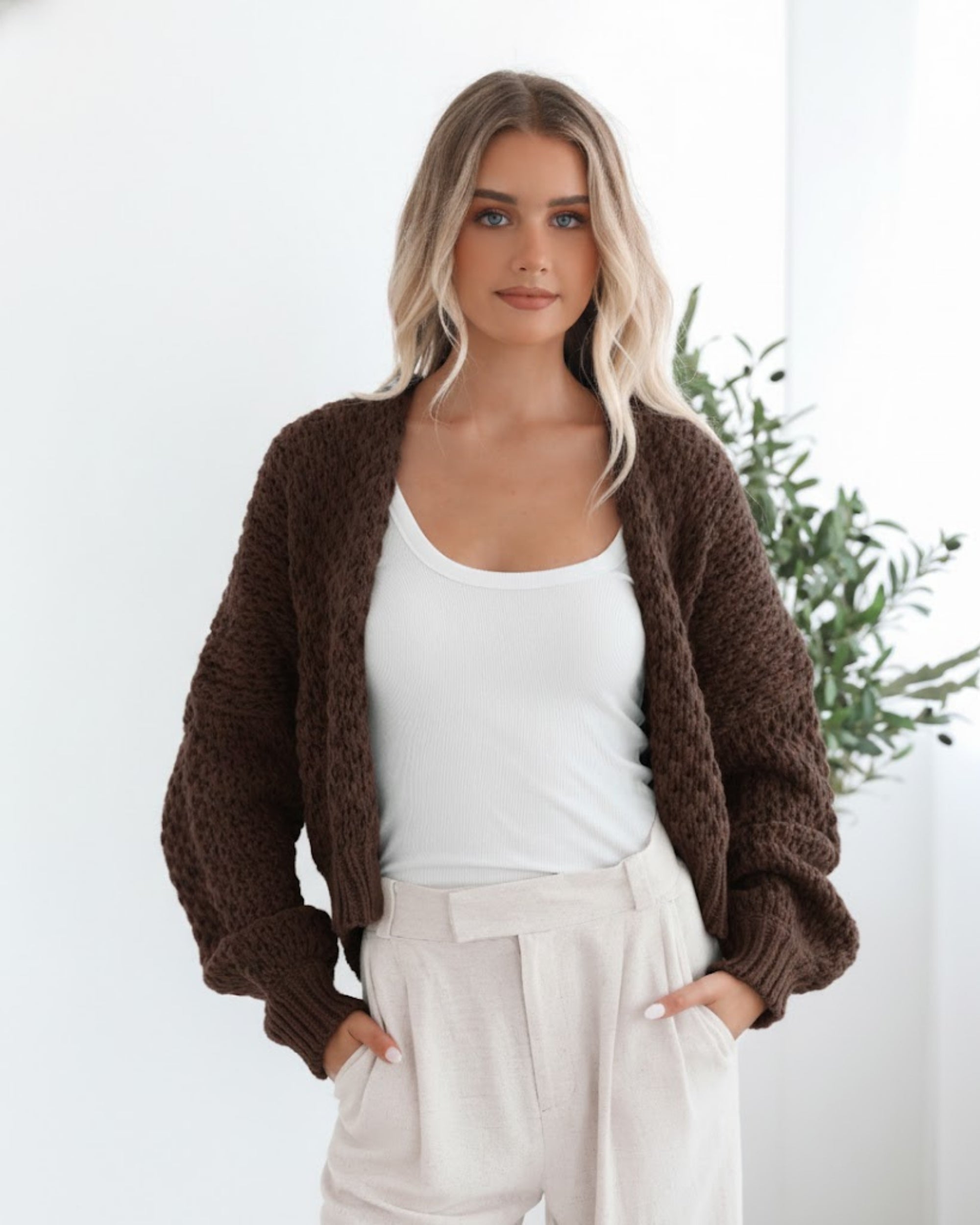 Dorine Cardigan in Coffee womens chunky knit cardigan in coffee brown front view