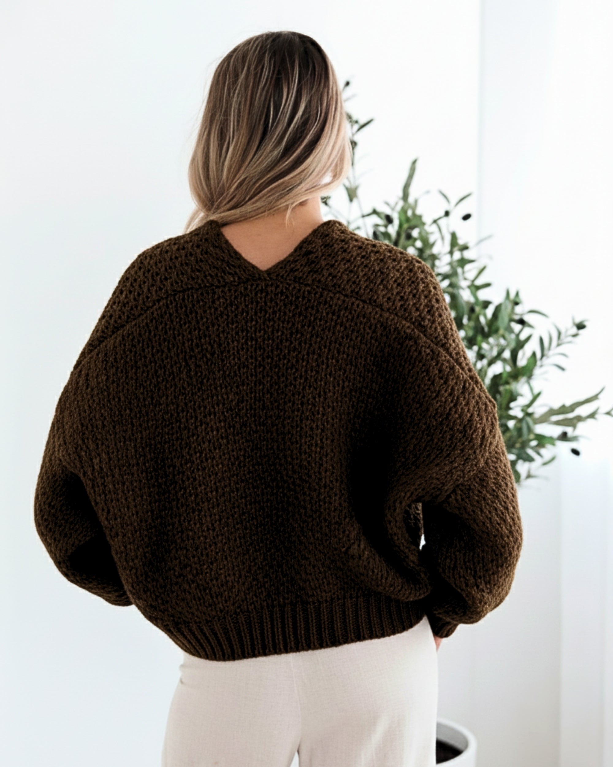 Dorine Cardigan in Coffee deep coffee brown open-front knit cardigan side view