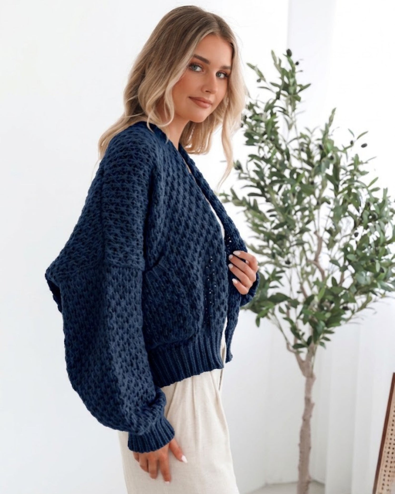 Dorine Cardigan in Navy relaxed navy knit cardigan full length view