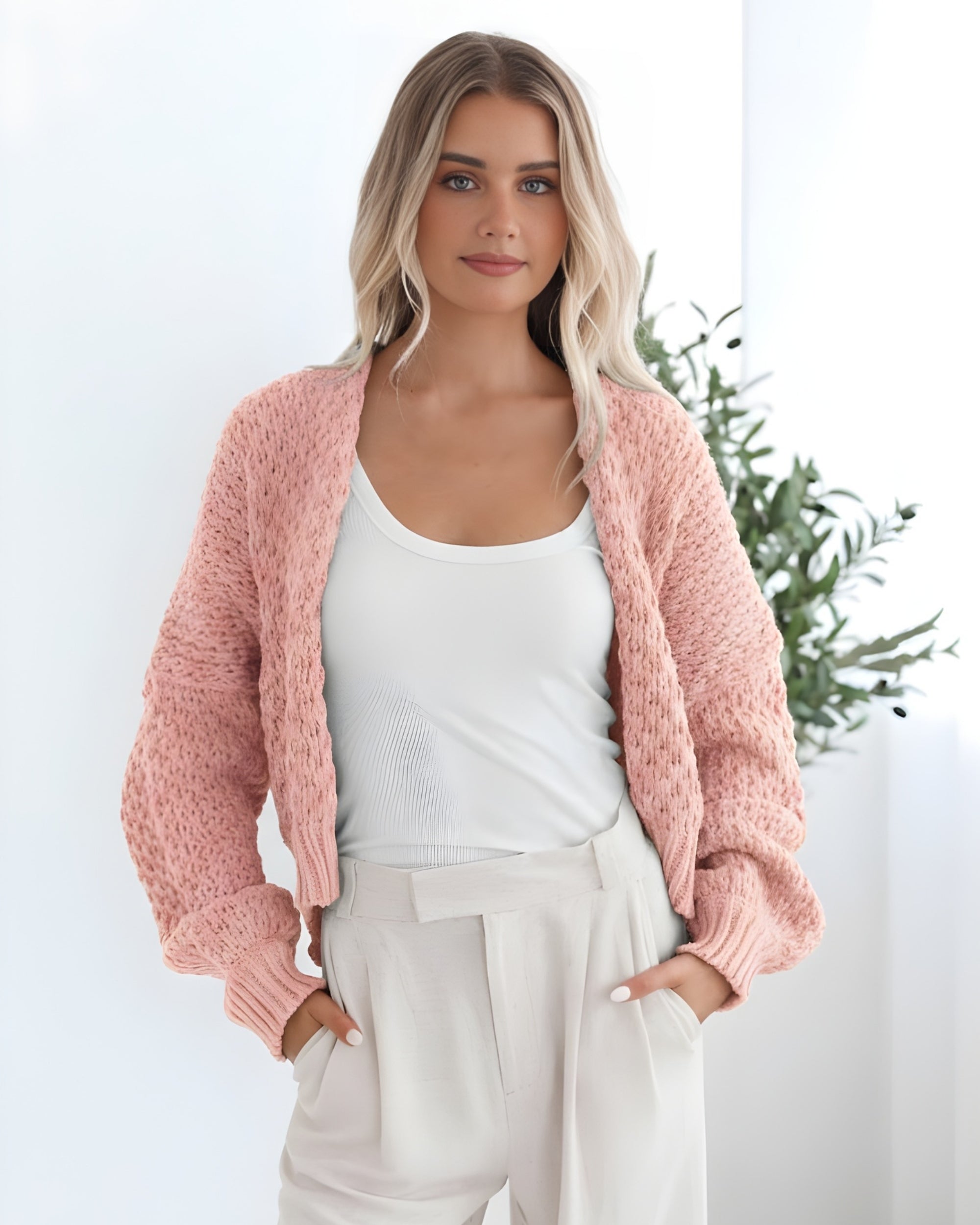 Dorine Cardigan in Soft Pink soft pink open-front chunky knit cardigan side view