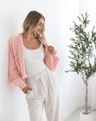 Dorine Cardigan in Soft Pink womens chunky knit cardigan in soft pink front view