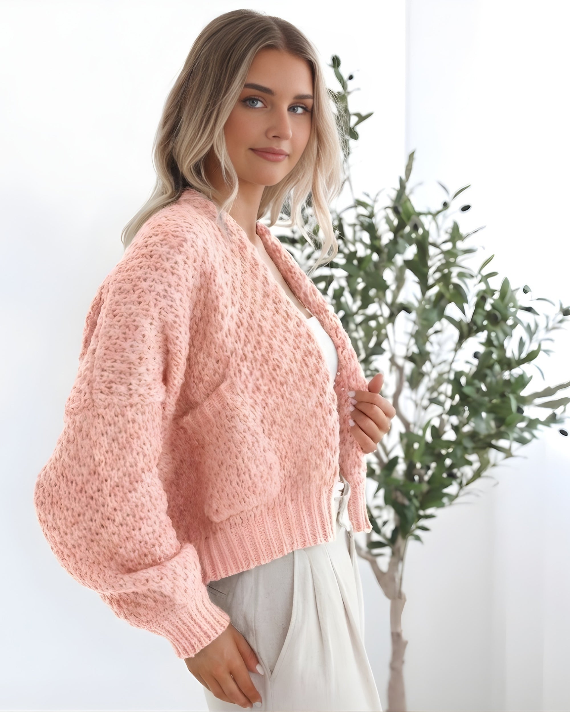 Dorine Cardigan - Soft Pink | Women's Chunky Knit Open Front
