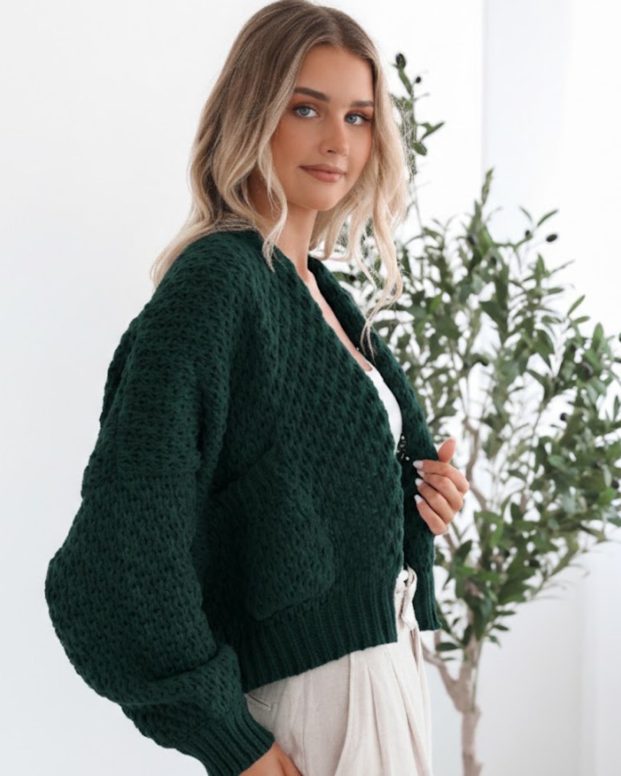 Dorine Cardigan in Teal womens deep teal knit cardigan back view