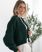 Dorine Cardigan in Teal womens deep teal knit cardigan back view