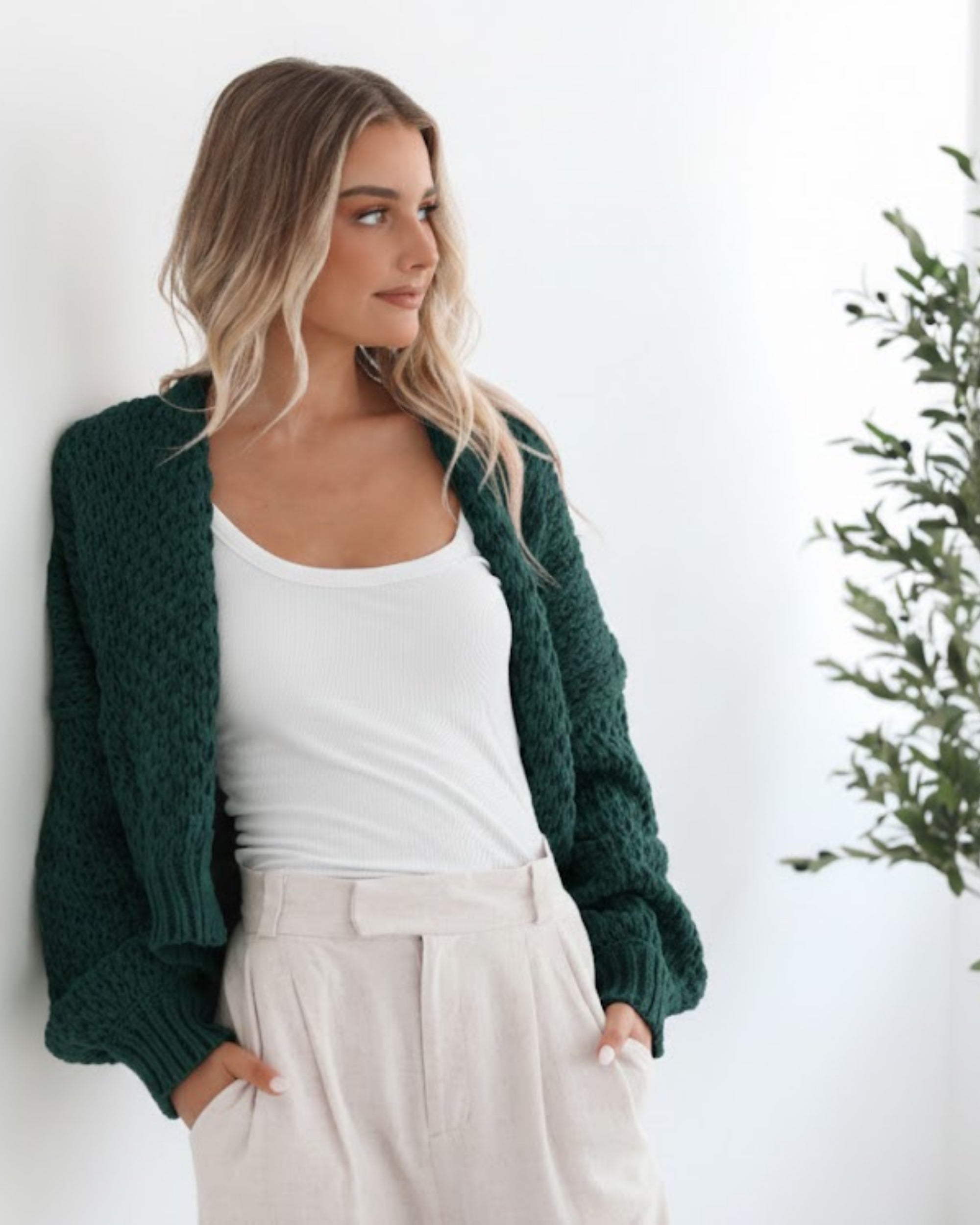 Dorine Cardigan in Teal womens teal chunky knit cardigan styled outfit