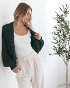 Dorine Cardigan in Teal teal relaxed knit open-front cardigan full length view