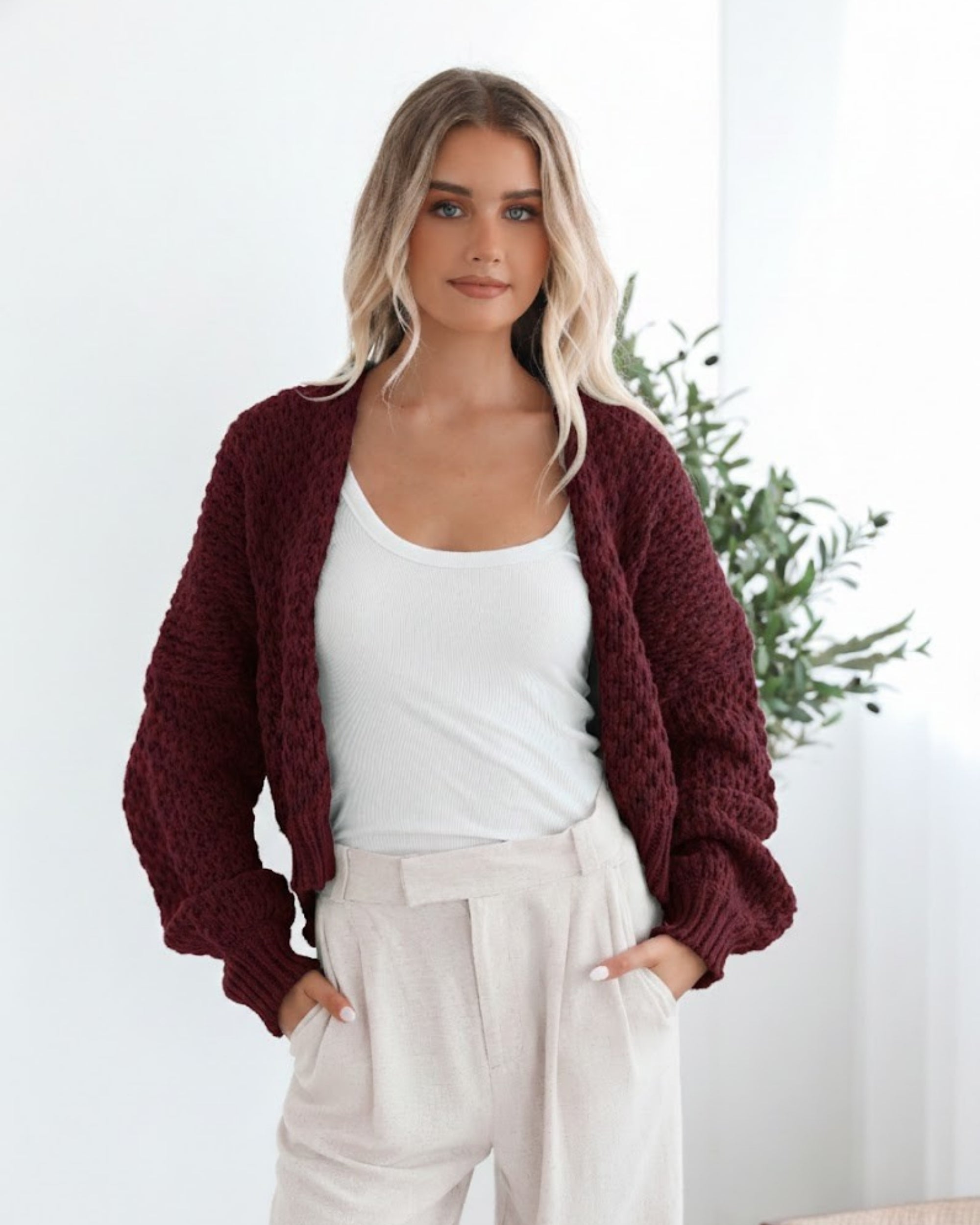 Dorine Cardigan in Wine wine knit open-front cardigan side view