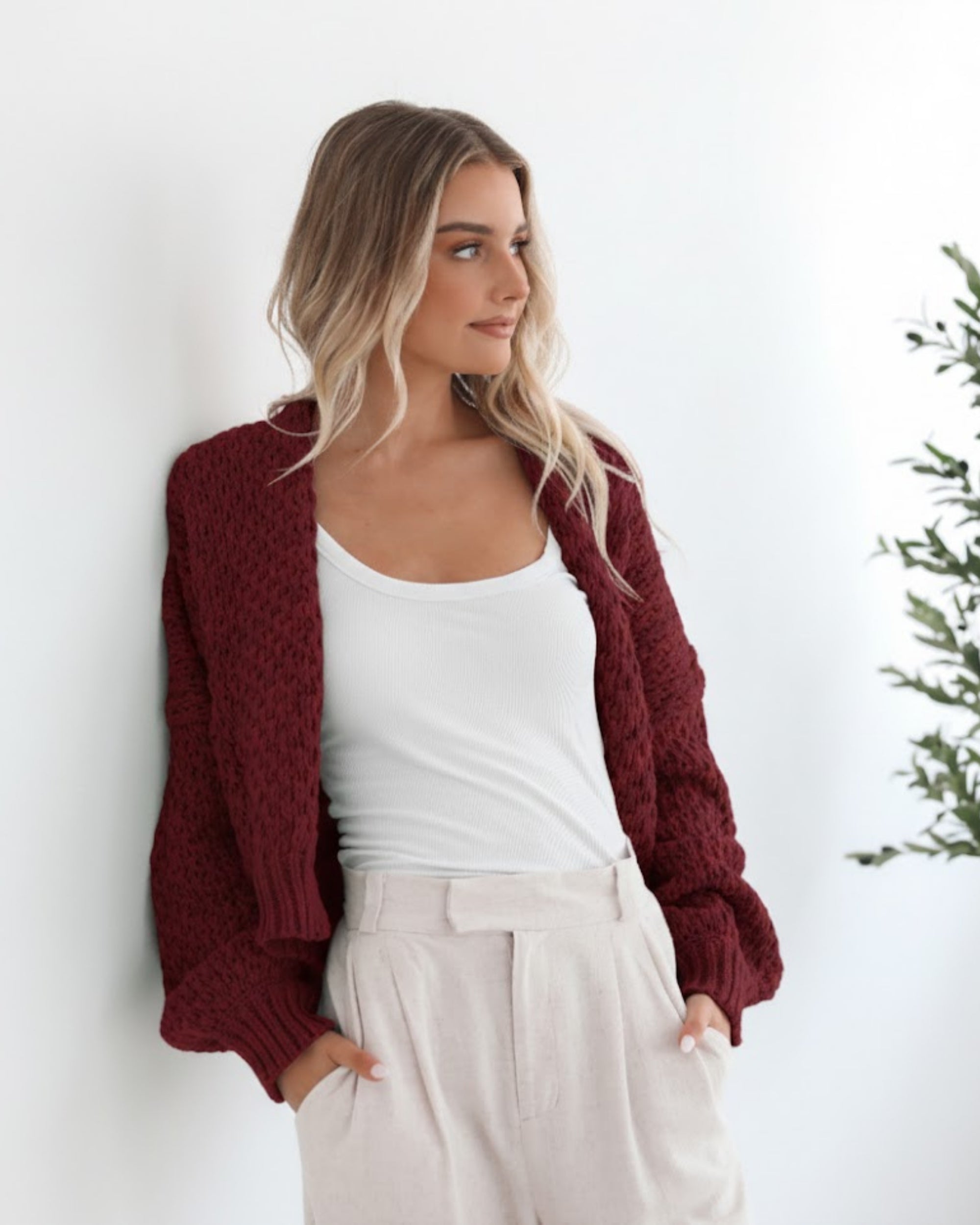 Dorine Cardigan in Wine womens relaxed knit cardigan in wine front view