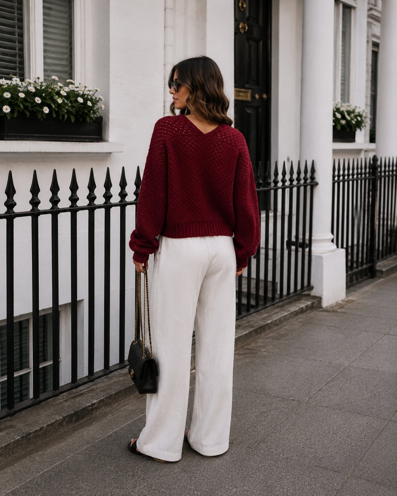 Women's wine open front cardigan side view, the Dorine Cardigan in Wine by Esther & Co