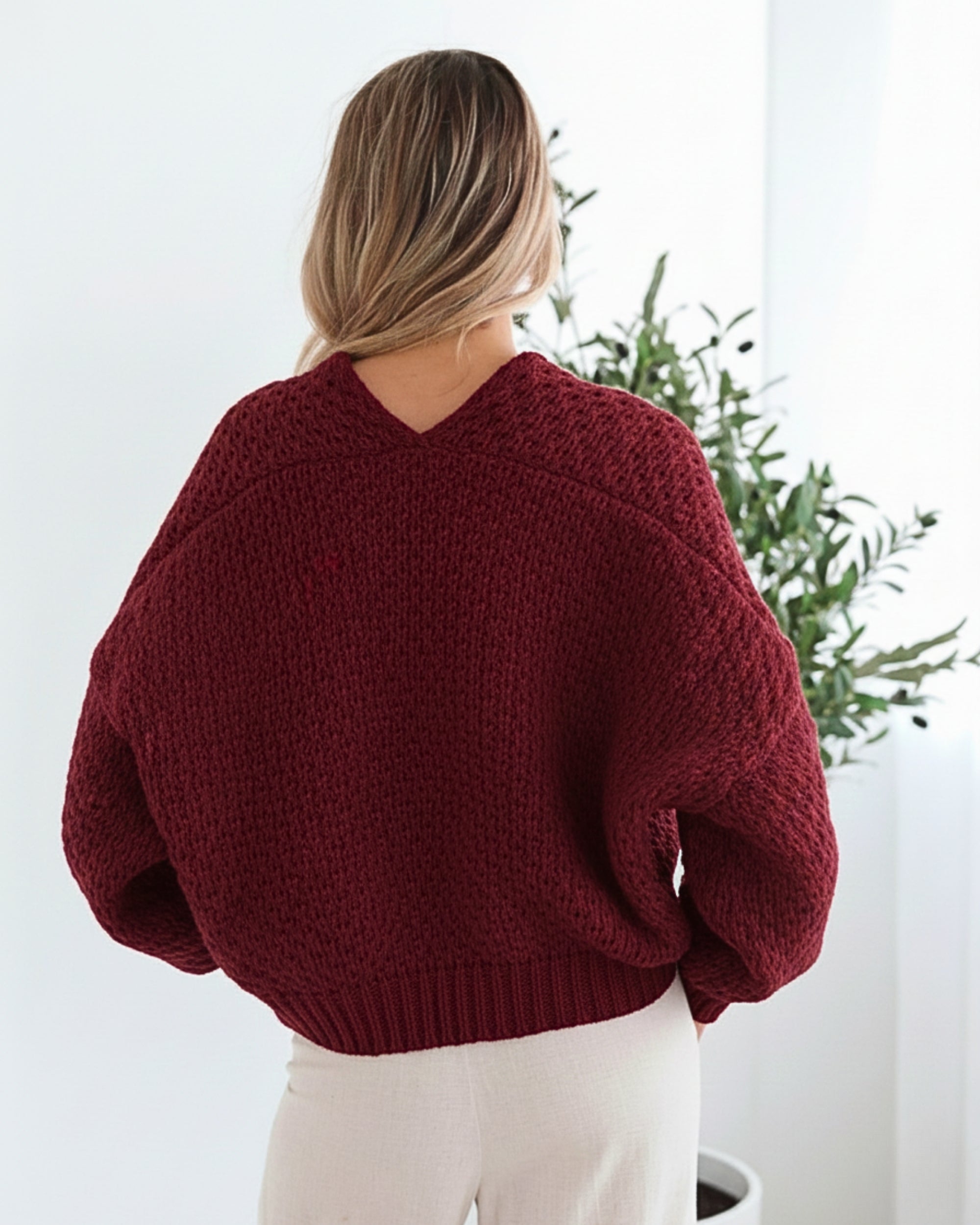 Dorine Cardigan in Wine womens wine knit cardigan back view