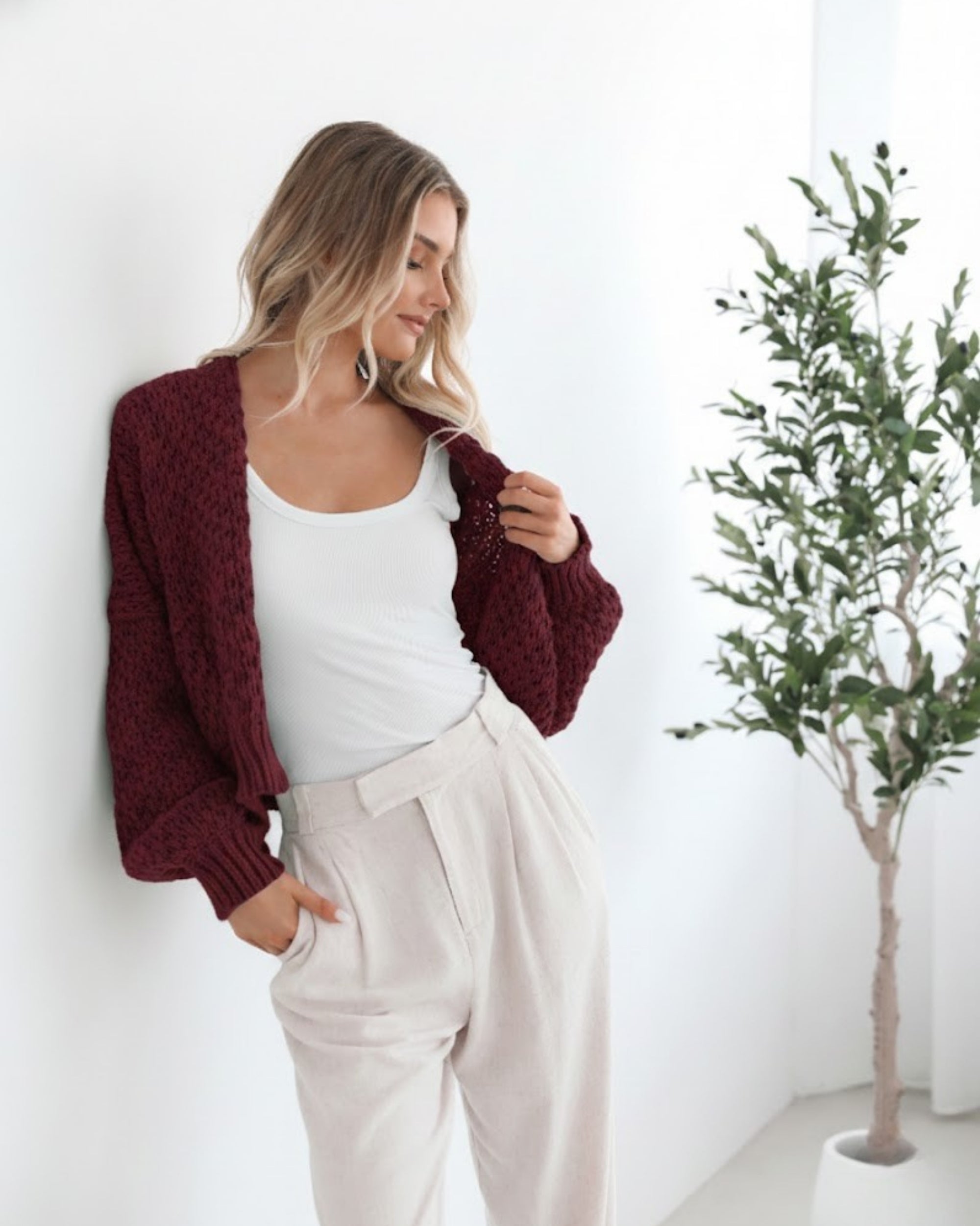 Dorine Cardigan in Wine wine relaxed knit cardigan full length view