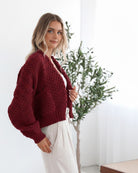 Dorine Cardigan in Wine womens deep wine cardigan styled outfit
