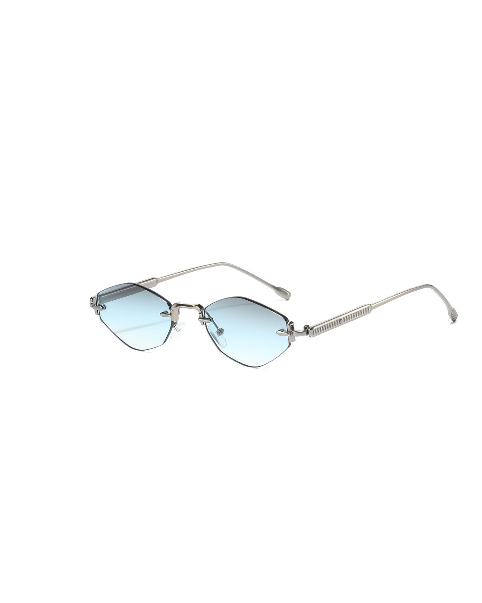 Dove Sunglasses in Blue, women's rimless mini hexagonal sunglasses with silver tone arms by Esther & Co, view 2