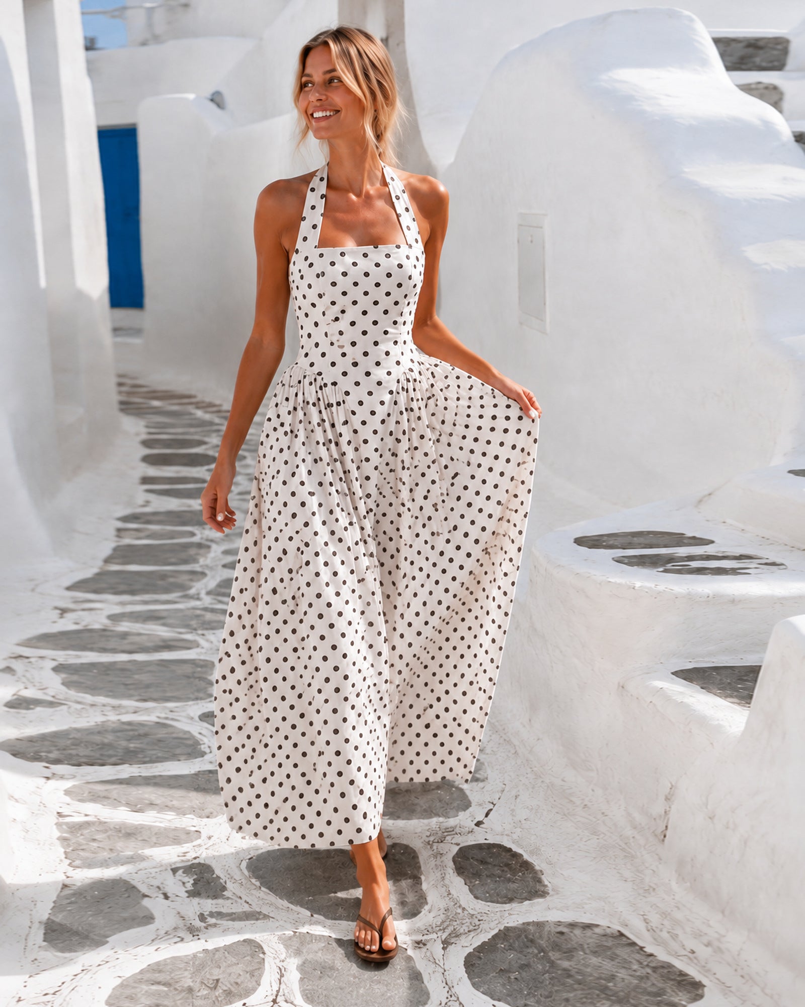Women's cream polka dot halter maxi dress, the Eiza Dress in Cream Dots by Esther & Co