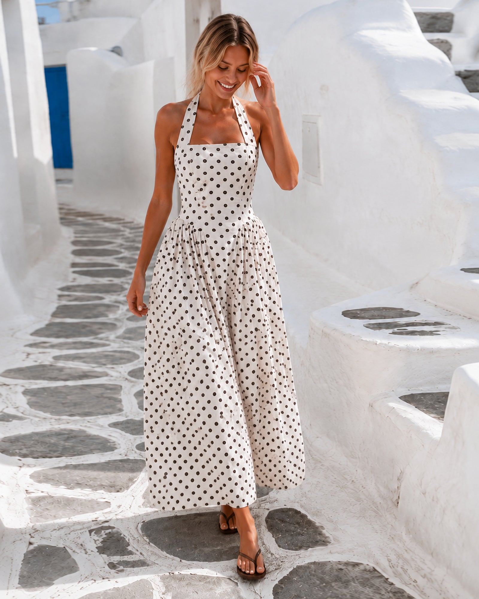 Women's square halter polka dot maxi dress front view by Esther & Co