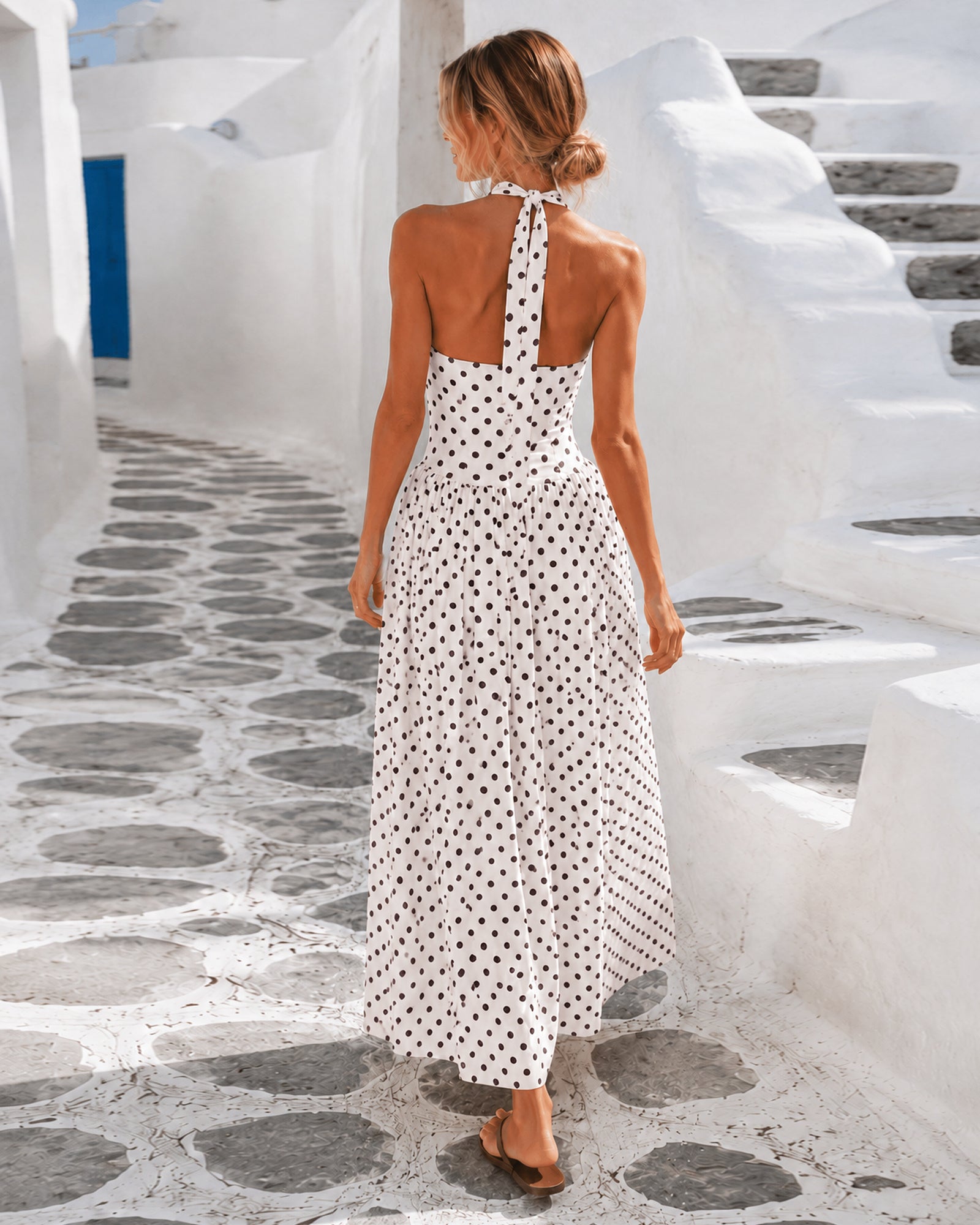 Women's cream polka dot maxi dress with low back side view by Esther & Co