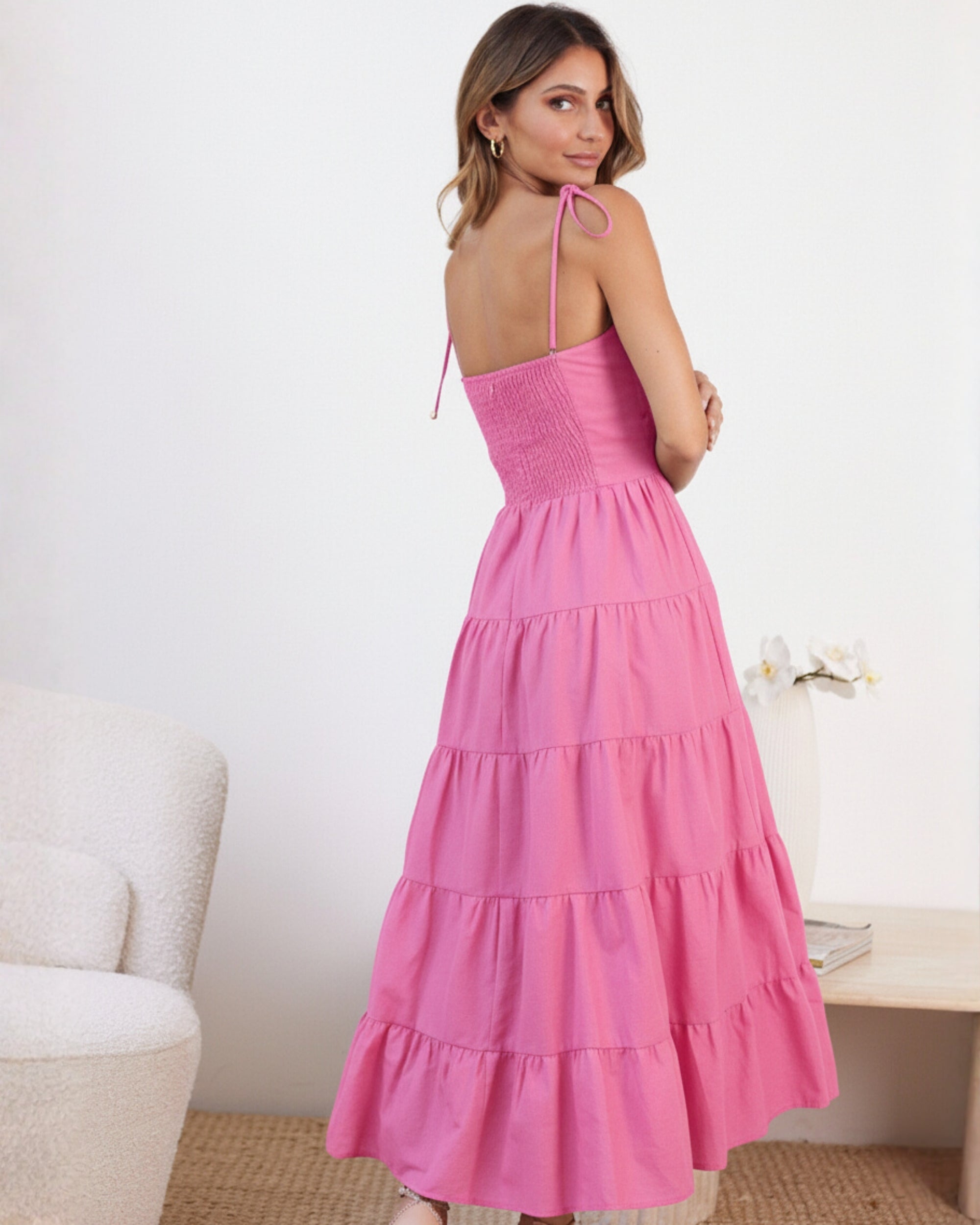 Women's pink tiered cotton maxi dress front view by Esther & Co